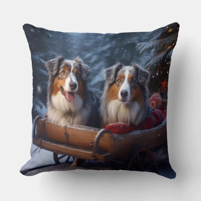 Australian Shepherd Snowy Sleigh Weihnachtsdekor Kissen (Vorderseite)