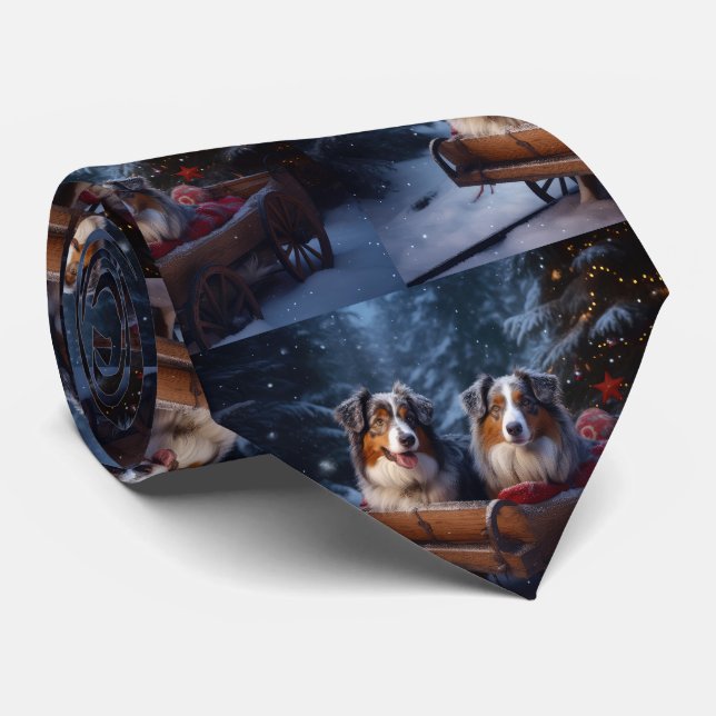 Australian Shepherd Snowy Sleigh Weihnachtsdekor Krawatte (Gerollt)