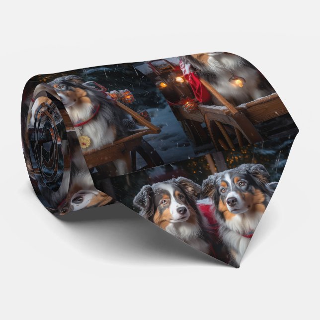 Australian Shepherd Snowy Sleigh Weihnachtsdekor Krawatte (Gerollt)