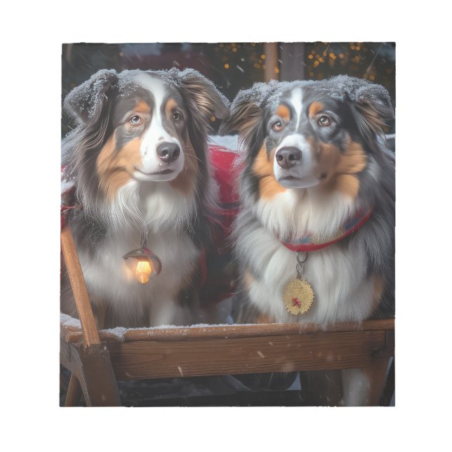 Australian Shepherd Snowy Sleigh Weihnachtsdekor Notizblock (Vorderseite)