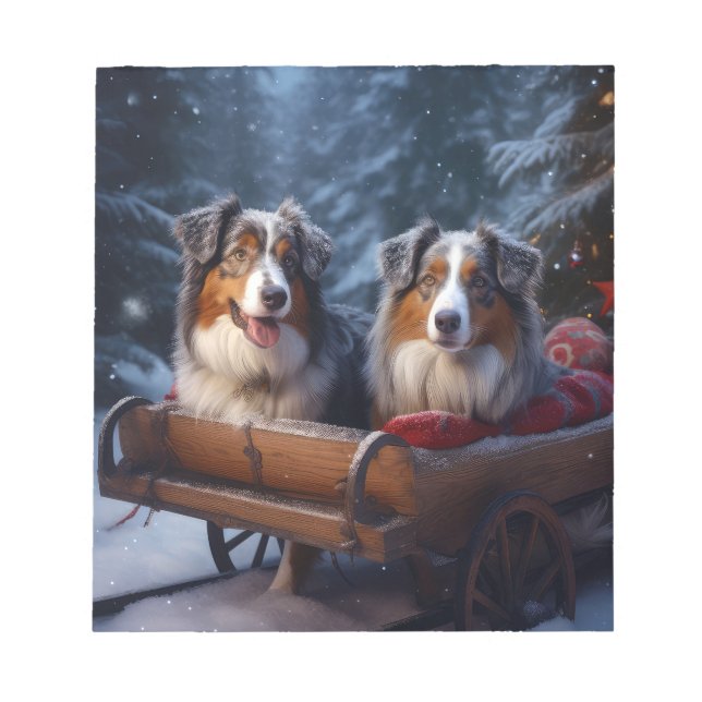 Australian Shepherd Snowy Sleigh Weihnachtsdekor Notizblock (Vorderseite)