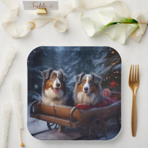 Australian Shepherd Snowy Sleigh Weihnachtsdekor Pappteller