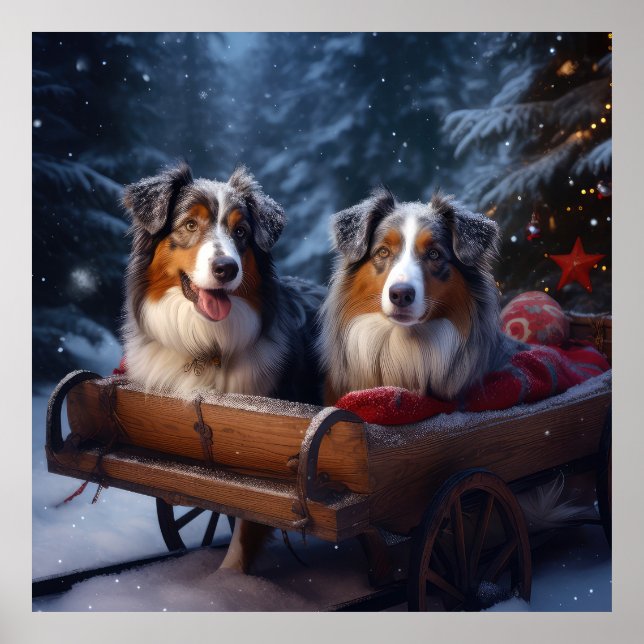 Australian Shepherd Snowy Sleigh Weihnachtsdekor Poster (Vorne)