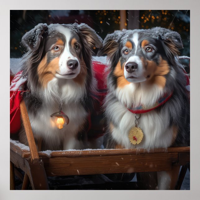 Australian Shepherd Snowy Sleigh Weihnachtsdekor Poster (Vorne)