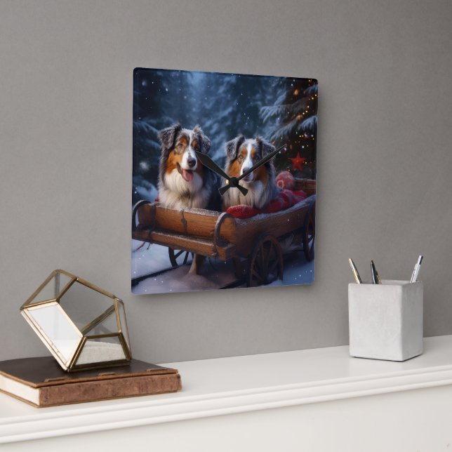 Australian Shepherd Snowy Sleigh Weihnachtsdekor Quadratische Wanduhr (Büro)