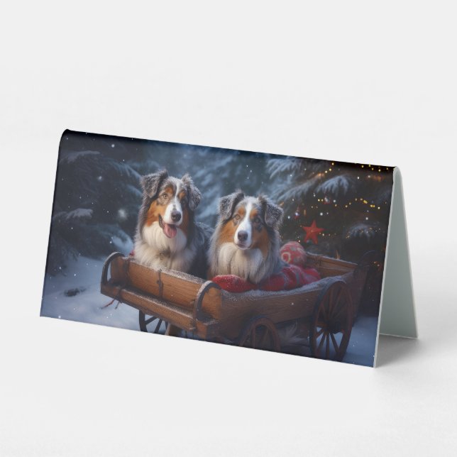 Australian Shepherd Snowy Sleigh Weihnachtsdekor Tischaufsteller (Vorderseite)