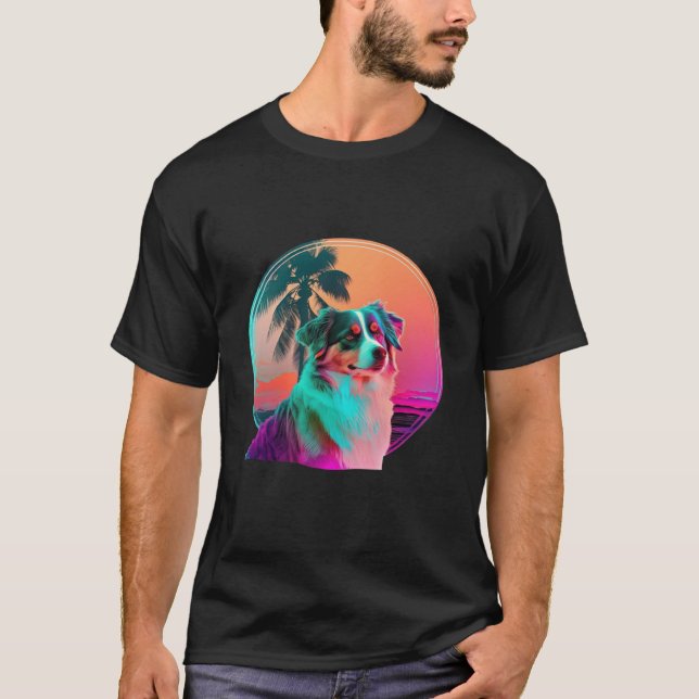 Australian Shepherd Synthwave 80s Retrowave Aesthe T-Shirt (Vorderseite)