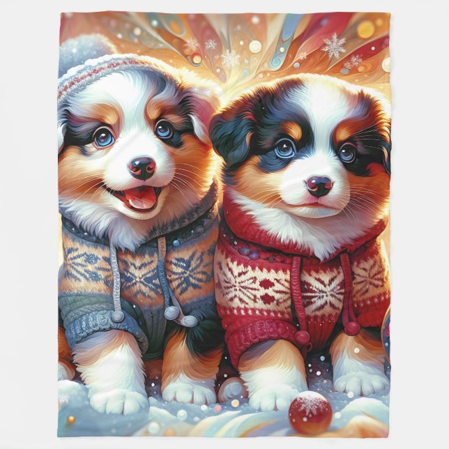 "Australian Shepherd Welppies’ First Snowfall" Fleecedecke (Vorderseite)