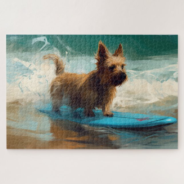Australian Terrier Beach Surfing Painting (Horizontal)