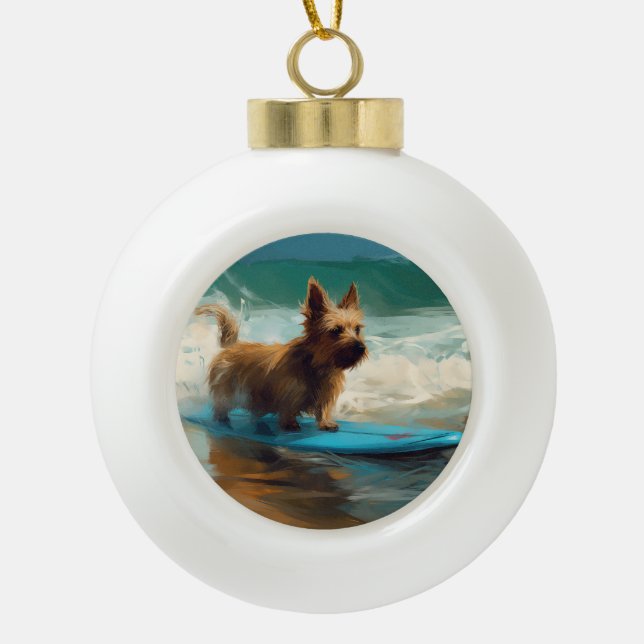 Australian Terrier Beach Surfing Painting Keramik Kugel-Ornament (Vorderseite)