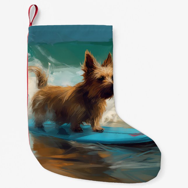 Australian Terrier Beach Surfing Painting Kleiner Weihnachtsstrumpf (Vorderseite)