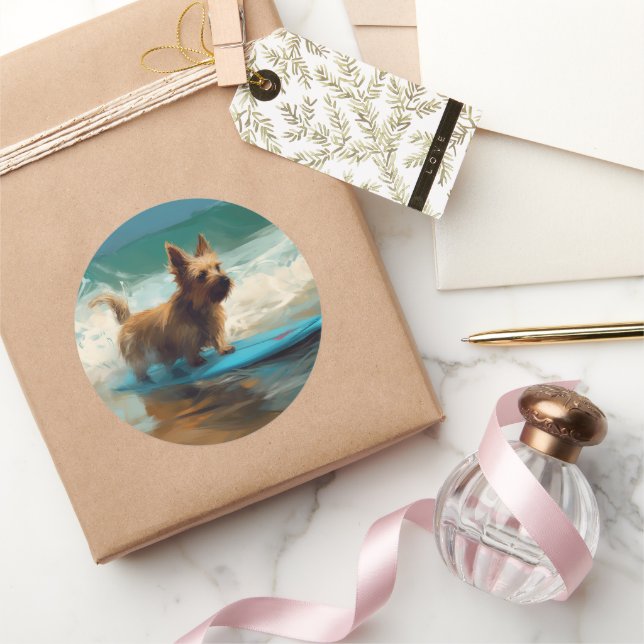 Australian Terrier Beach Surfing Painting Runder Aufkleber (Schenken)