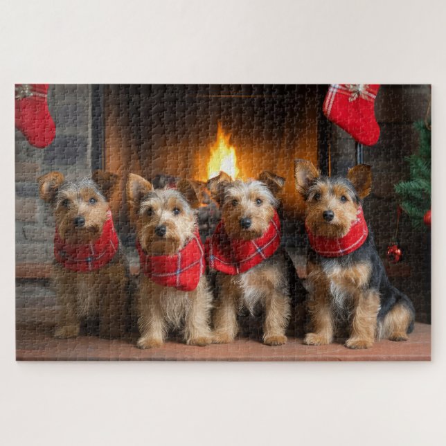 Australian Terrier by Fireplace Christmas (Horizontal)
