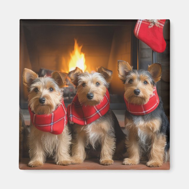 Australian Terrier by Fireplace Christmas Magnet (Vorne)