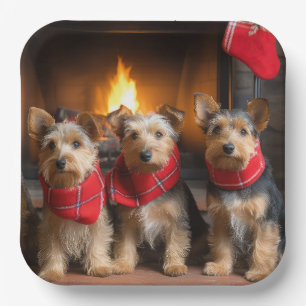 Australian Terrier by Fireplace Christmas Pappteller