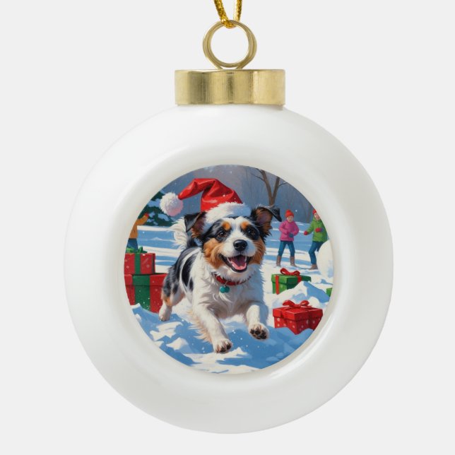 Australian Terrier Christmas Festive Snow Scene Keramik Kugel-Ornament (Vorderseite)