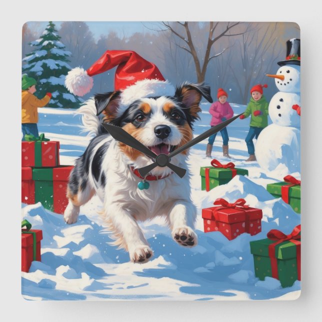Australian Terrier Christmas Festive Snow Scene Quadratische Wanduhr (Vorderseite)