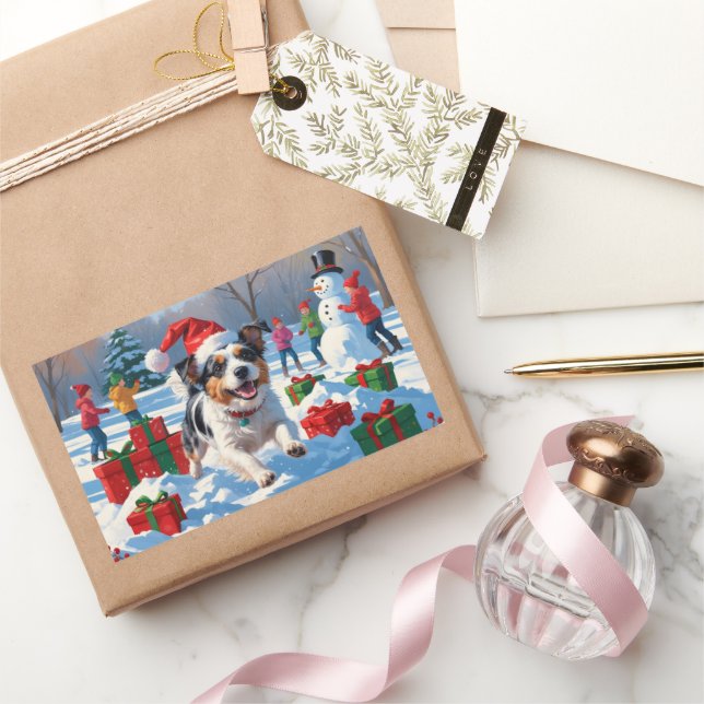 Australian Terrier Christmas Festive Snow Scene Rechteckiger Aufkleber (Schenken)