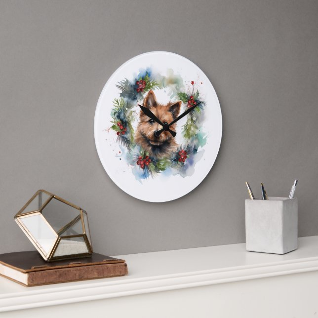 Australian Terrier Christmas Wreath Festive Pup Große Wanduhr (Büro)