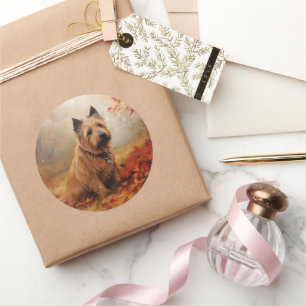 Australian Terrier im Herbstlaub Fall Inspiriert Runder Aufkleber