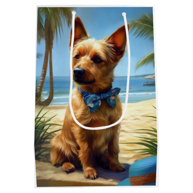 Australian Terrier On Beach Hundeliebhaber Sommerg Mittlere Geschenktüte (Rückseite)