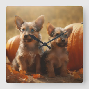 Australian Terrier Welpe Herbstfreude Kürbis Quadratische Wanduhr