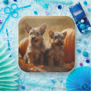 Australian Terrier Welpe Herbstvergnügen Kürbis Pappteller