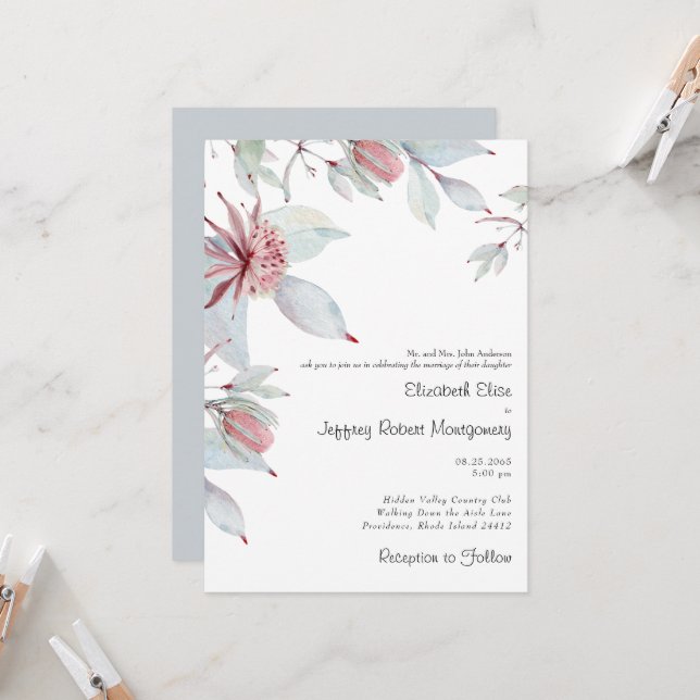 Australian Tropical Floral Dusty Blue Wedding Einladung (Vorderseite/Rückseite Beispiel)