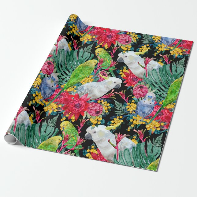 Australian Tropical Parrots Black Geschenkpapier (Ungerollt)
