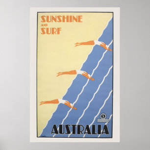 Australien Sonne und Brandung 1930er Vintage Tauch Poster