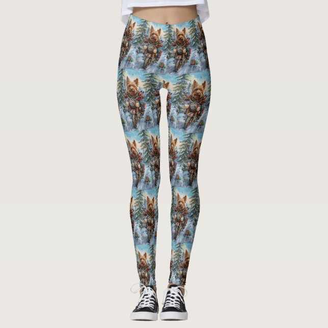 Australien Terrier Riding Motorrad Weihnachten Leggings (Vorderseite)