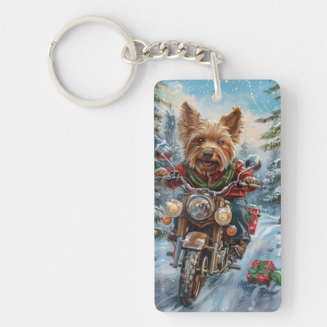 Australien Terrier Riding Motorrad Weihnachten Schlüsselanhänger (Vorderseite)