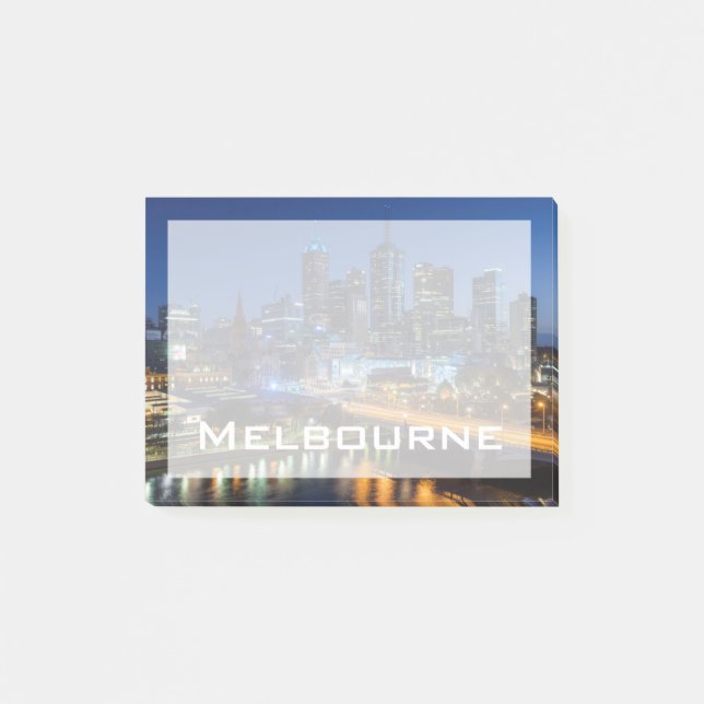 Australien, Victoria, Melbourne, Skyline mit Post-it Klebezettel (Vorderseite)