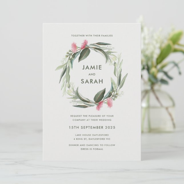Australische Eucalyptus Wreath Wedding Einladung (Stehend Vorderseite)