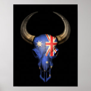 Australische Flagge Bull Skull auf schwarz Poster