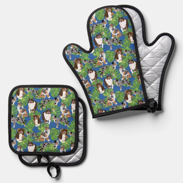 Australische Hirten Aussies und tropische Blätter Ofenhandschuh & Topflappen-Set (Vorderseite/Rückseite)