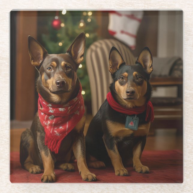 Australische Kelpie am Feuerplatz Weihnachten Glasuntersetzer (Vorderseite)