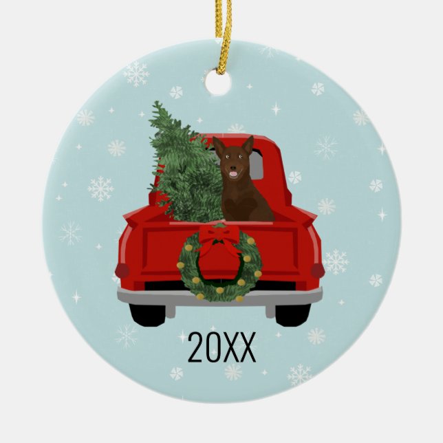 Australische Kelpie Christmas Red Truck Keramik Ornament (Vorne)