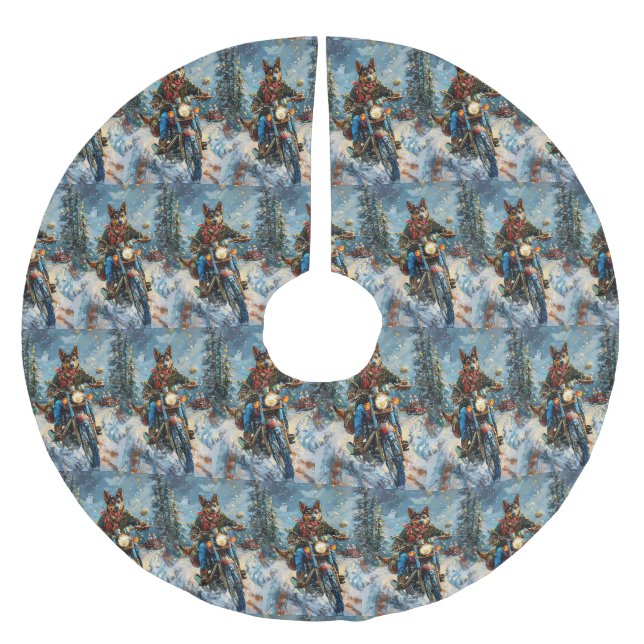 Australische Kelpie Dog Riding Motorrad Weihnachte Polyester Weihnachtsbaumdecke (Vorderseite)