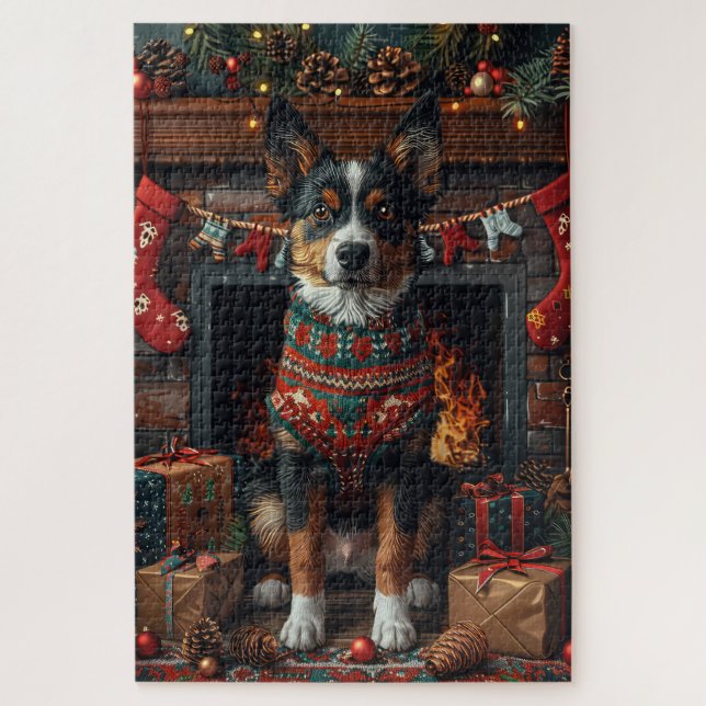 Australische Kelpie mit Weihnachtsgeschenken Feuer (Vertikal)