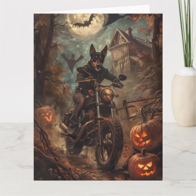 Australische Kelpie Riding Motorrad Halloween Karte (Vorderseite)