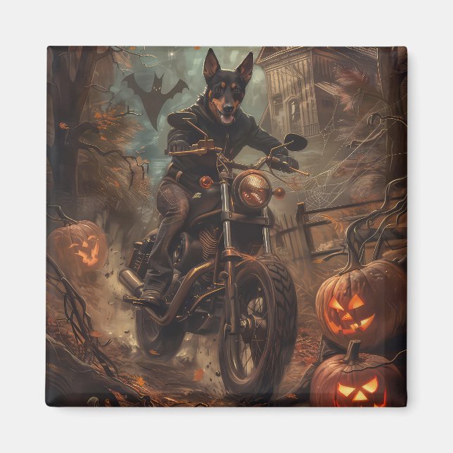Australische Kelpie Riding Motorrad Halloween Magnet (Vorne)