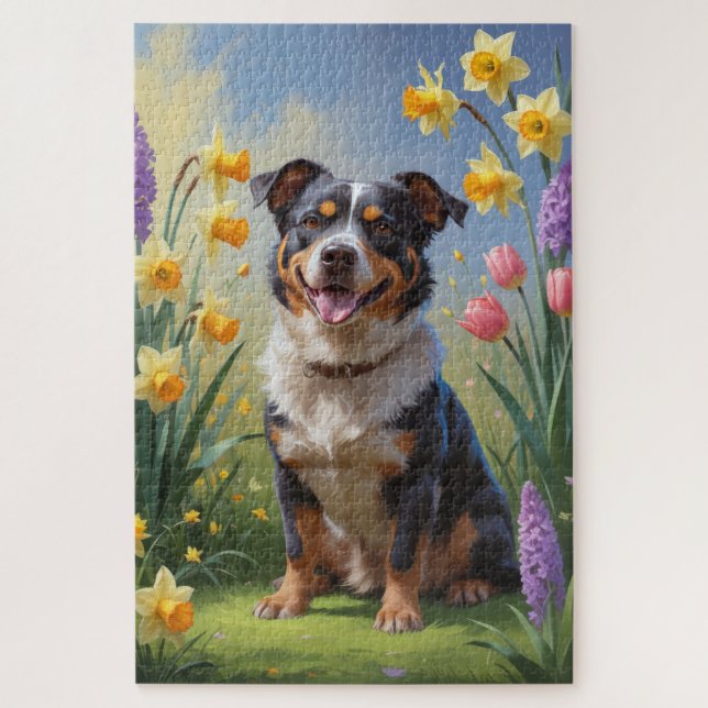 Australische Rind Dog Spring Blumen Malerei (Vertikal)
