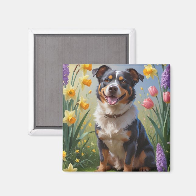 Australische Rind Dog Spring Blumen Malerei Magnet (Vorderseite/Rückseite)