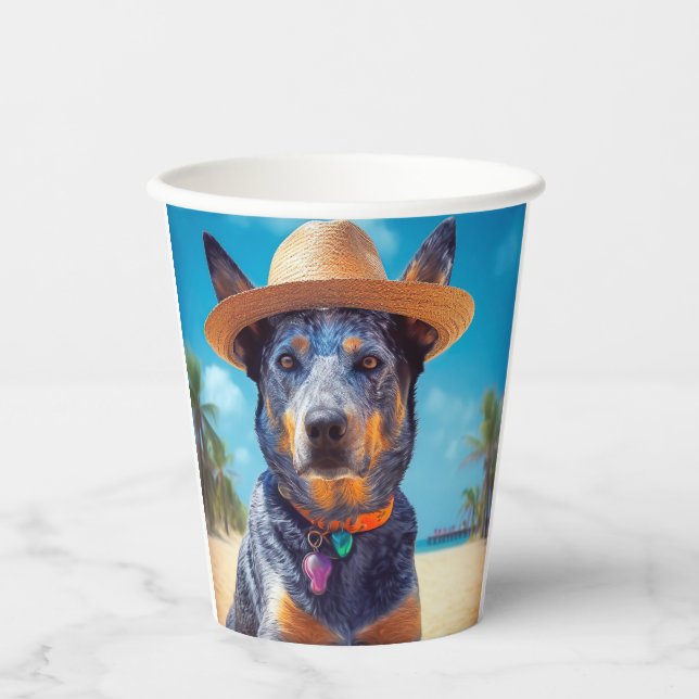 Australische Rinder am Strand, Hunde liebt Sommerg Pappbecher (Vorderseite)