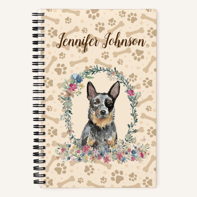 Australische Rinder Dog Paw Print & Floral Niedlic Notizbuch (Vorderseite)