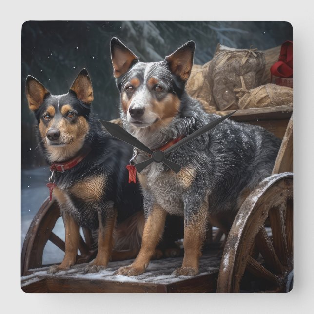 Australische Rinder Snowy Sleigh Weihnachtsdekor Quadratische Wanduhr (Vorderseite)