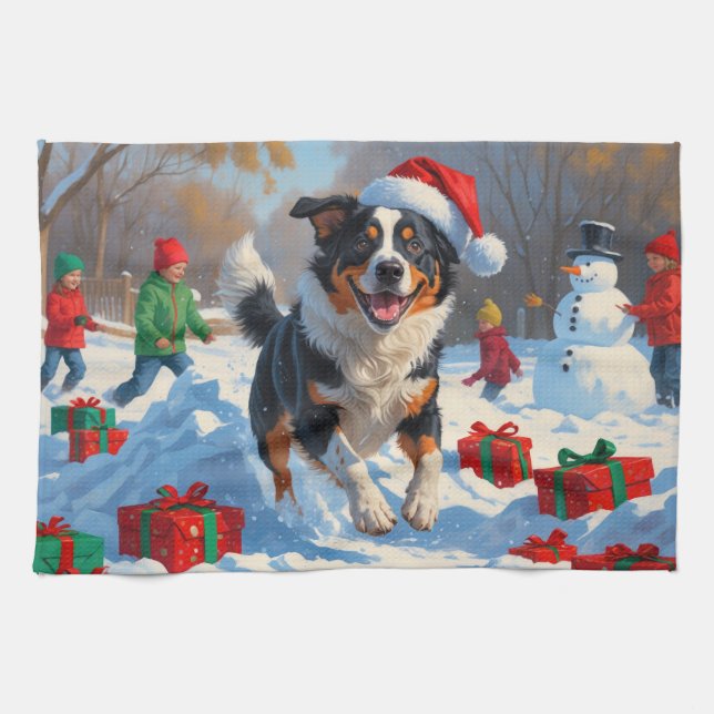 Australische Rinder Weihnachts-Schneeszene Geschirrtuch (Horizontal)