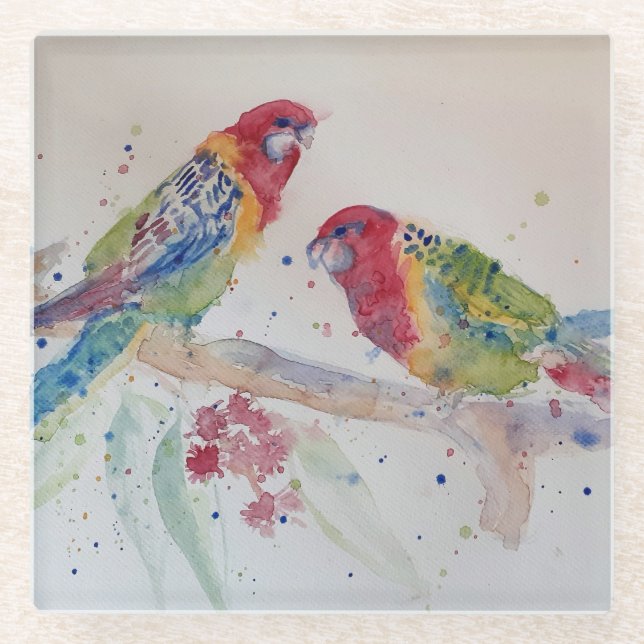 Australische Rosella Parrot Aquarellkunst Glasuntersetzer (Vorderseite)