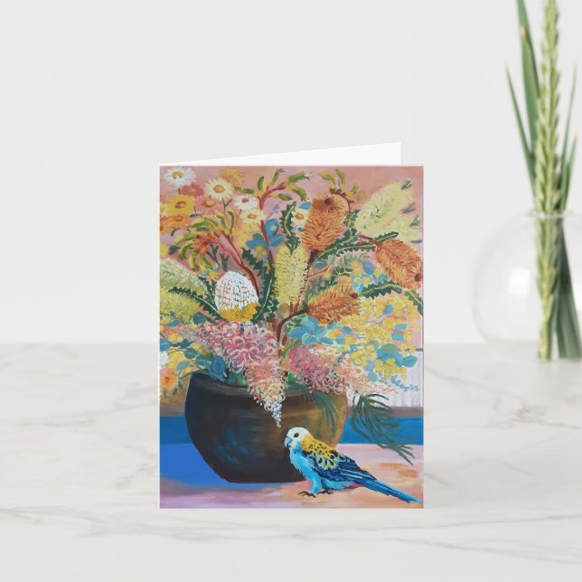 Australische Rosella & Wildblumen Card Dankeskarte (Vorderseite)